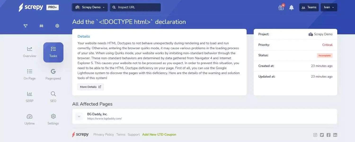 Screpy табло: DOCTYPE declaration